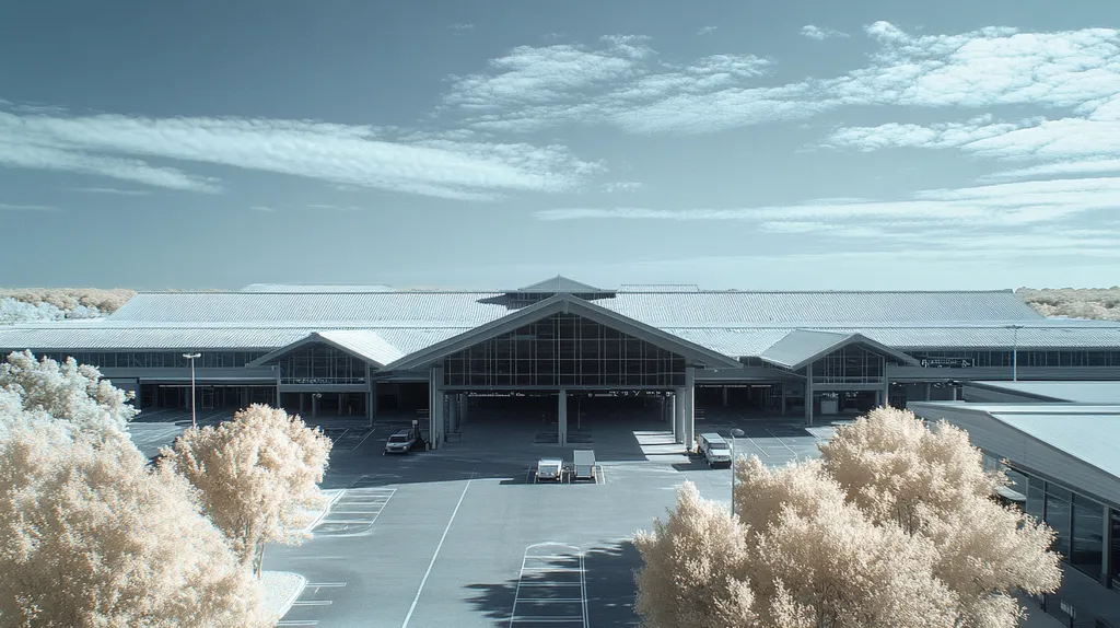 A commercial roof on an airport terminal in a location similar to Charleston with an infrared photography aesthetic (AI image)