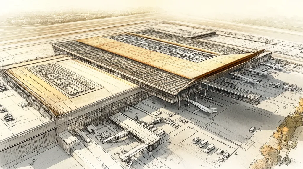 A commercial roof on an airport terminal in a location similar to Chicago with an architectural sketch rendering aesthetic (AI image)