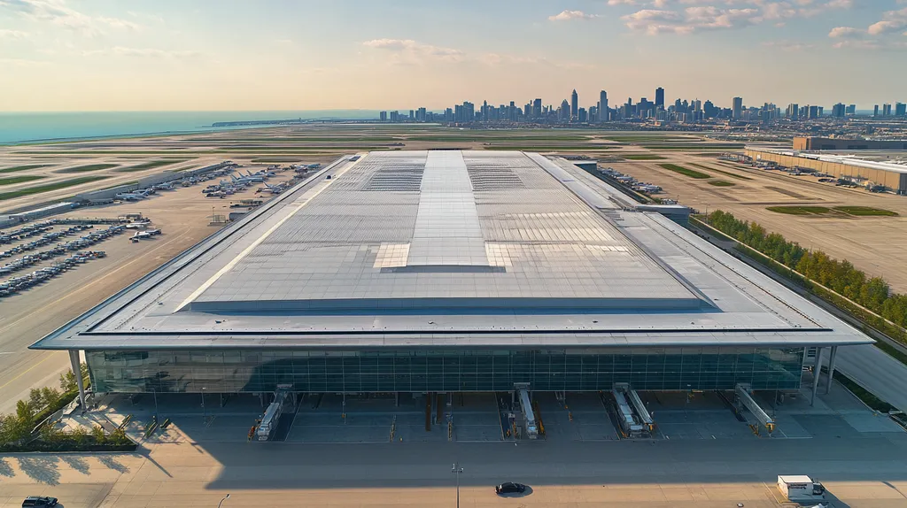 A commercial roof on an airport terminal in a location similar to Chicago with an urban context aesthetic (AI image)