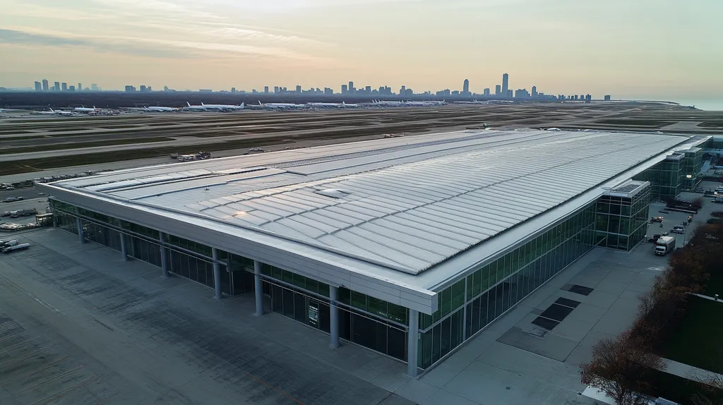 A commercial roof on an airport terminal in a location similar to Chicago with an urban context aesthetic (AI image)