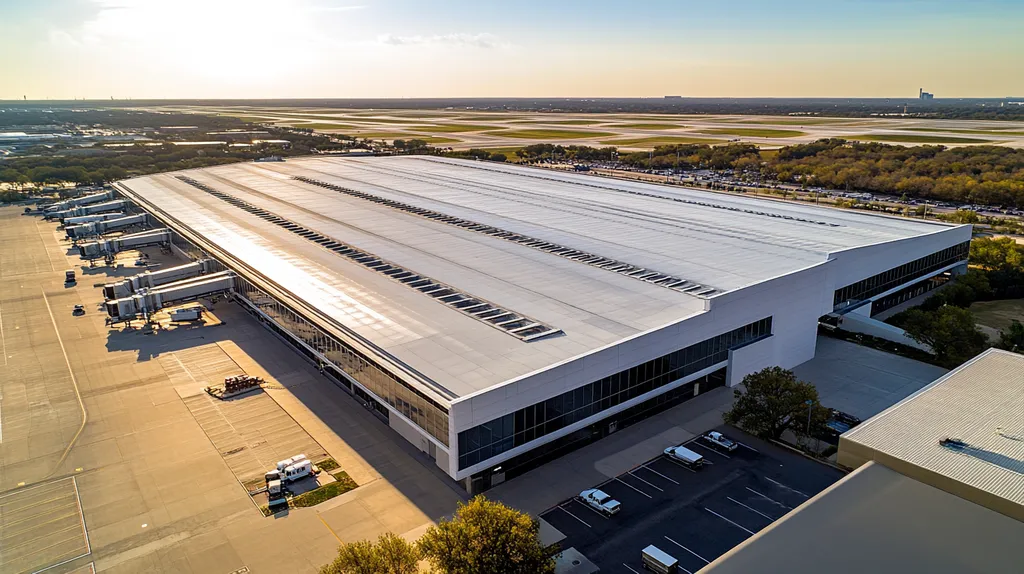 A commercial roof on an airport terminal in a location similar to Dallas with a color highlight aesthetic (AI image)