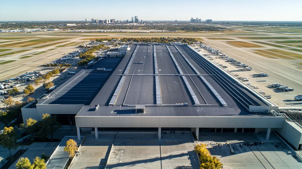 A commercial roof on an airport terminal in a location similar to Dallas with a color highlight aesthetic (AI image)