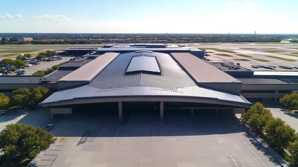 A commercial roof on an airport terminal in a location similar to Dallas with a color highlight aesthetic (AI image)