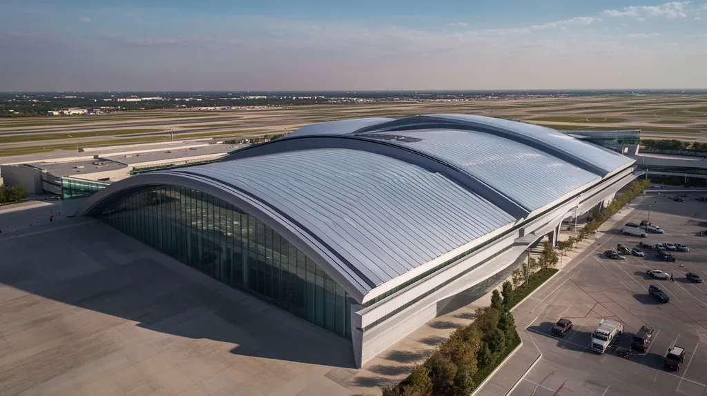 A commercial roof on an airport terminal in a location similar to Dallas with a futuristic aesthetic (AI image)