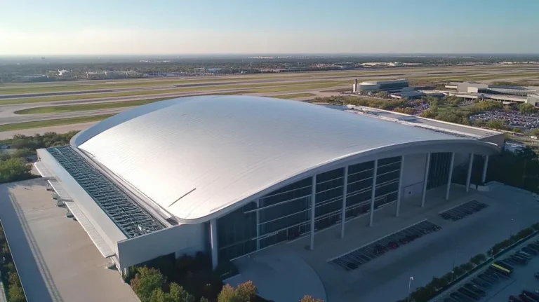A commercial roof on an airport terminal in a location similar to Dallas with a futuristic aesthetic (AI image)