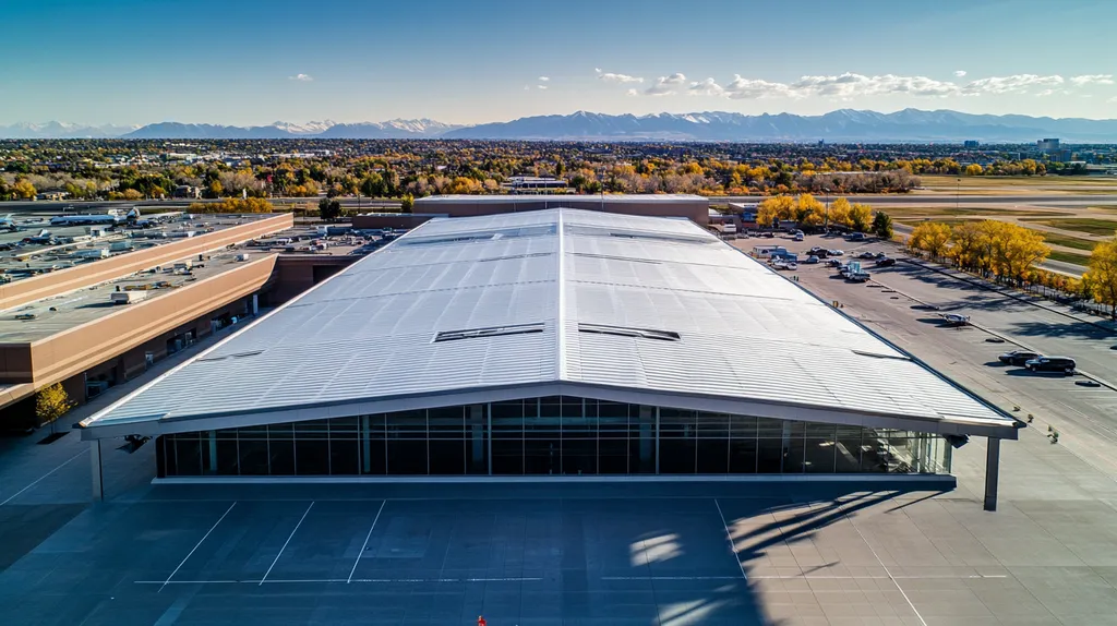 A commercial roof on an airport terminal in a location similar to Denver with an architectural photography aesthetic (AI image)