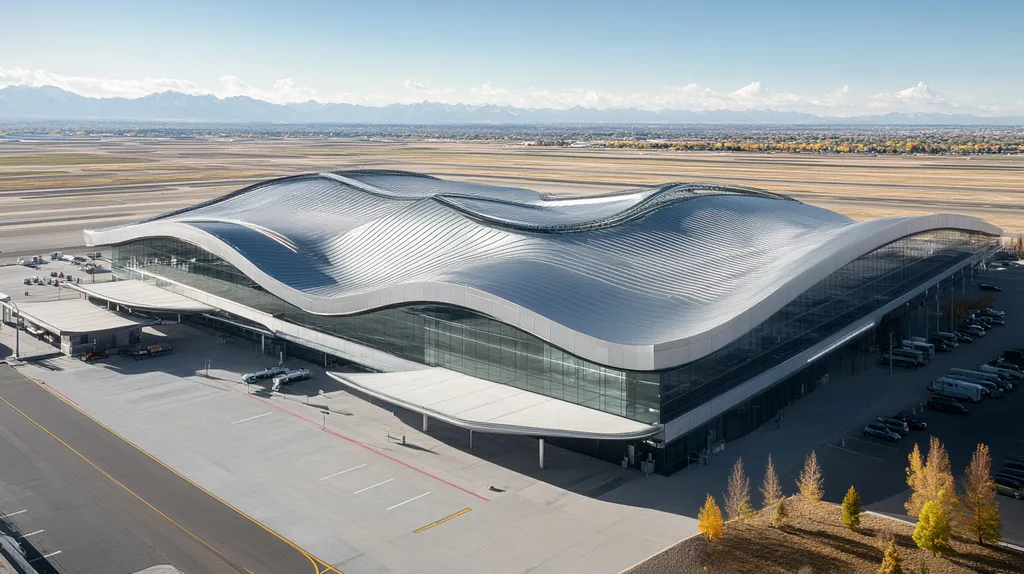 A commercial roof on an airport terminal in a location similar to Denver with a futuristic aesthetic (AI image)