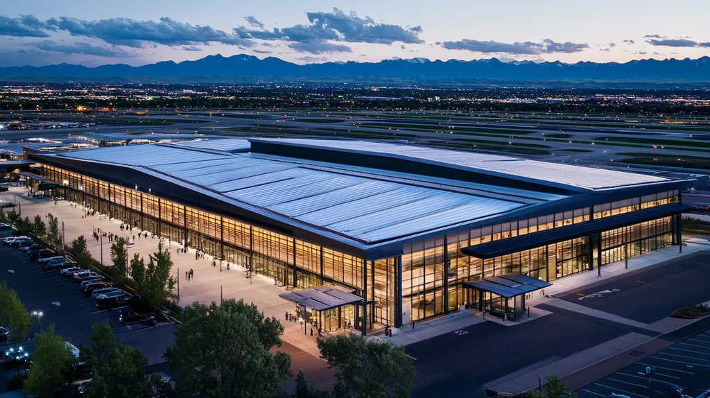 A commercial roof on an airport terminal in a location similar to Denver with an illuminated nightscape aesthetic (AI image)