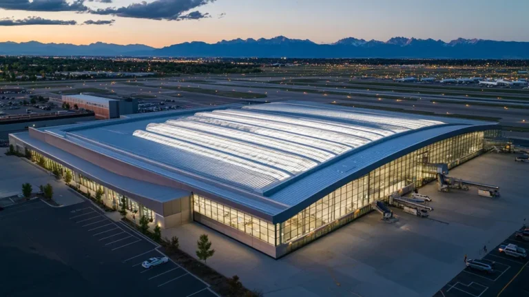 A commercial roof on an airport terminal in a location similar to Denver with an illuminated nightscape aesthetic (AI image)