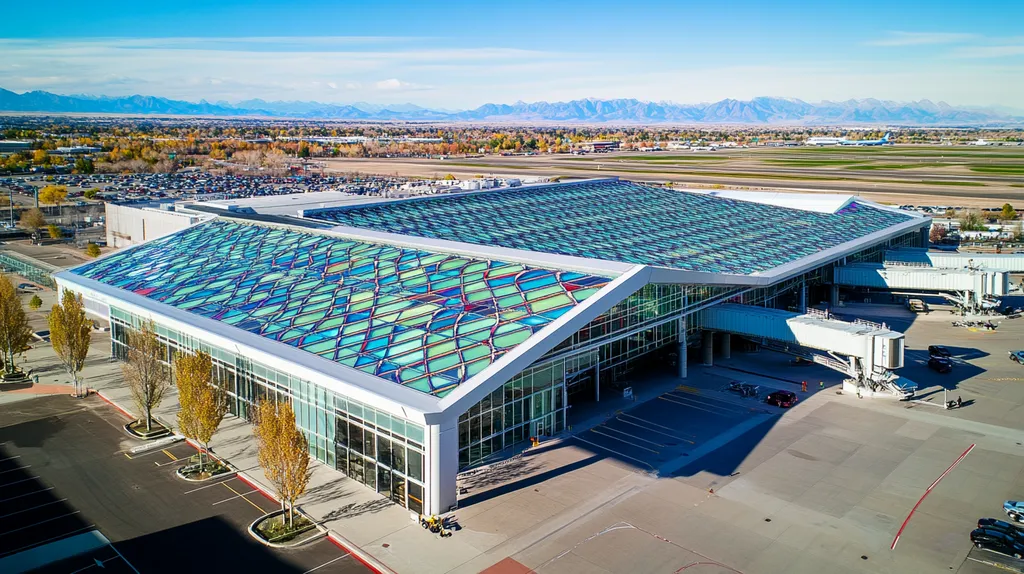 A commercial roof on an airport terminal in a location similar to Denver with a stained glass style aesthetic (AI image)