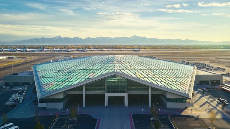 A commercial roof on an airport terminal in a location similar to Denver with a stained glass style aesthetic (AI image)