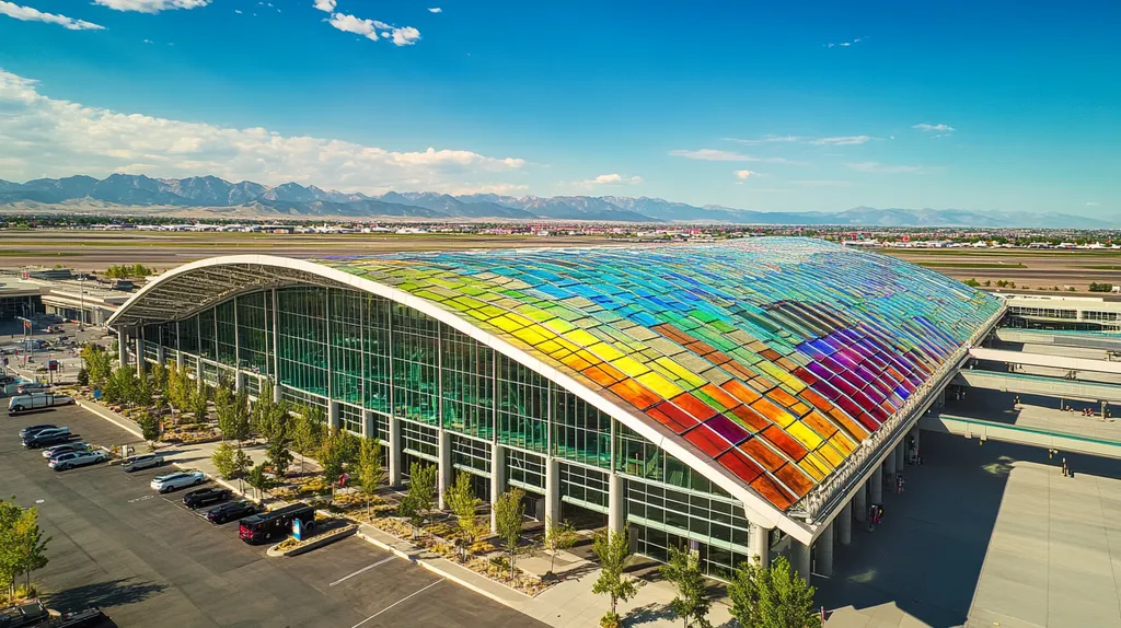 A commercial roof on an airport terminal in a location similar to Denver with a stained glass style aesthetic (AI image)