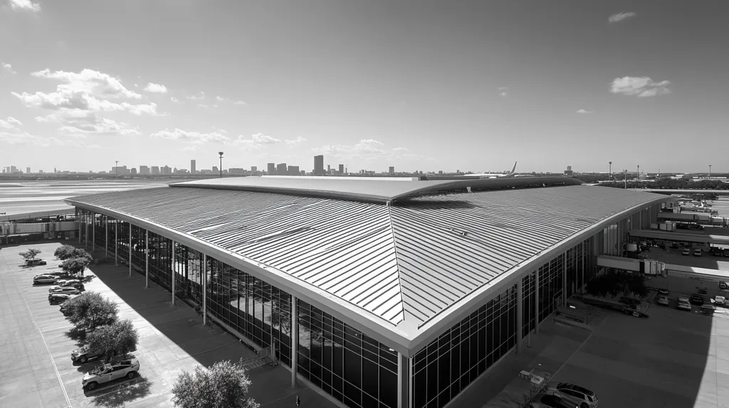 A commercial roof on an airport terminal in a location similar to Houston with a black and white photography aesthetic (AI image)