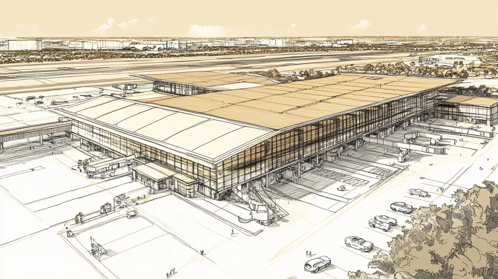 A commercial roof on an airport terminal in a location similar to Jacksonville with an architectural sketch rendering aesthetic (AI image)