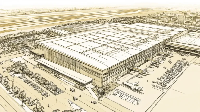 A commercial roof on an airport terminal in a location similar to Jacksonville with an architectural sketch rendering aesthetic (AI image)