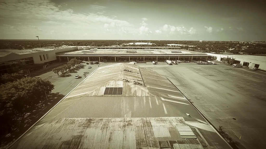 A commercial roof on an airport terminal in a location similar to Key West with a tintype aesthetic (AI image)