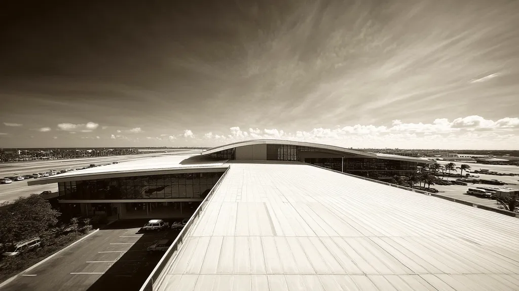 A commercial roof on an airport terminal in a location similar to Key West with a tintype aesthetic (AI image)