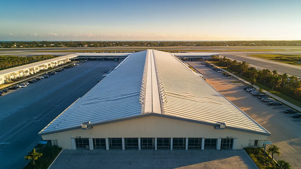 A commercial roof on an airport terminal in a location similar to Key West with an architectural photography aesthetic (AI image)