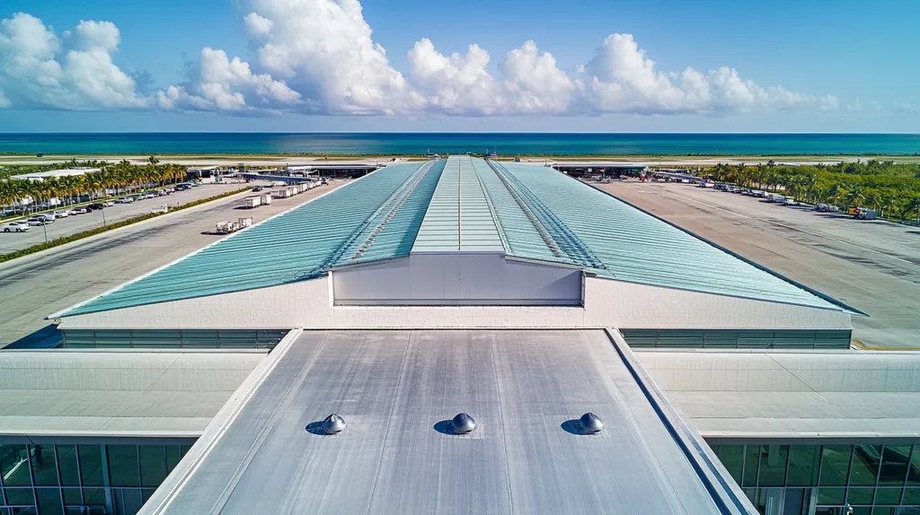 A commercial roof on an airport terminal in a location similar to Key West with an architectural photography aesthetic (AI image)