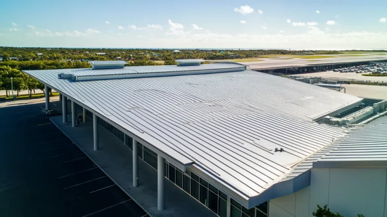 A commercial roof on an airport terminal in a location similar to Key West with an architectural photography aesthetic (AI image)