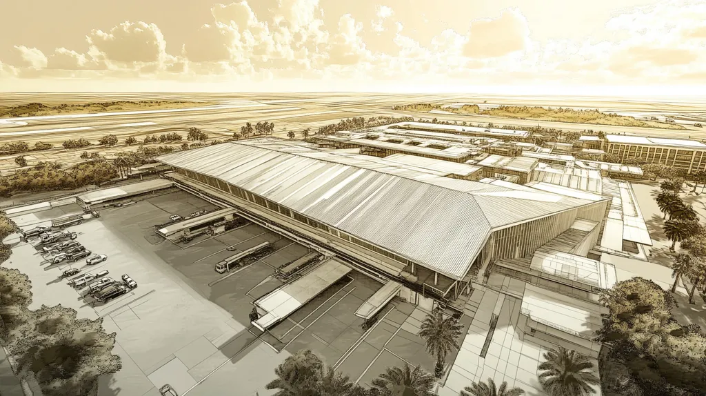 A commercial roof on an airport terminal in a location similar to Key West with an architectural sketch rendering aesthetic (AI image)