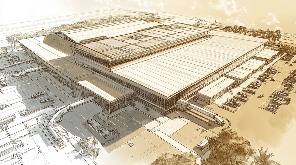 A commercial roof on an airport terminal in a location similar to Key West with an architectural sketch rendering aesthetic (AI image)