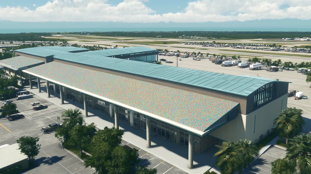 A commercial roof on an airport terminal in a location similar to Key West with a mosaic tile art aesthetic (AI image)