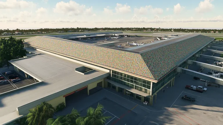 A commercial roof on an airport terminal in a location similar to Key West with a mosaic tile art aesthetic (AI image)