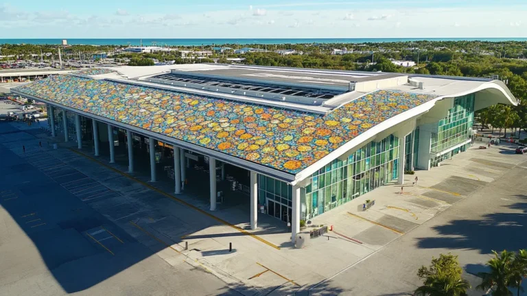 A commercial roof on an airport terminal in a location similar to Key West with a mosaic tile art aesthetic (AI image)