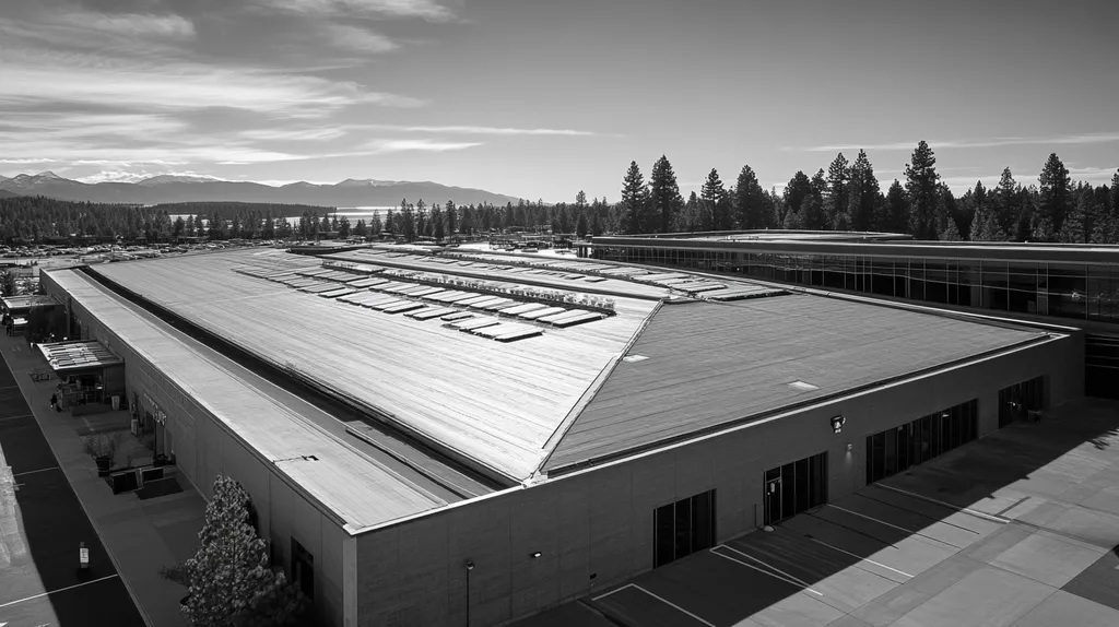A commercial roof on an airport terminal in a location similar to Lake Tahoe with a black and white photography aesthetic (AI image)