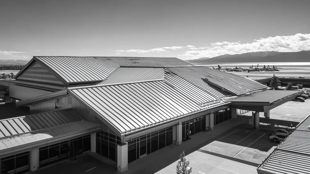 A commercial roof on an airport terminal in a location similar to Lake Tahoe with a black and white photography aesthetic (AI image)