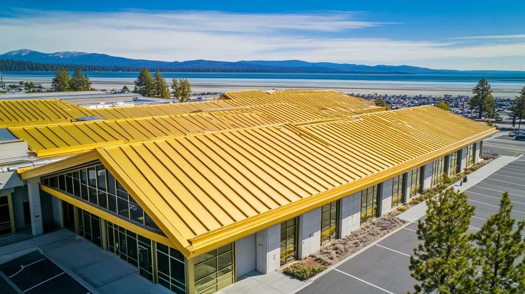 A commercial roof on an airport terminal in a location similar to Lake Tahoe with a solid gold aesthetic (AI image)