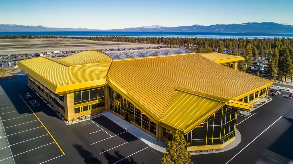 A commercial roof on an airport terminal in a location similar to Lake Tahoe with a solid gold aesthetic (AI image)