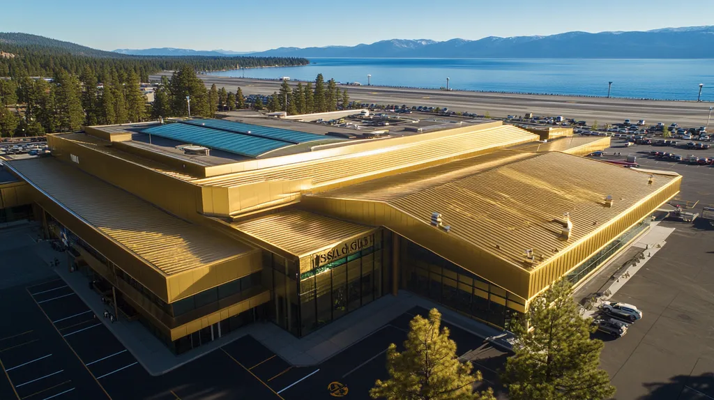 A commercial roof on an airport terminal in a location similar to Lake Tahoe with a solid gold aesthetic (AI image)