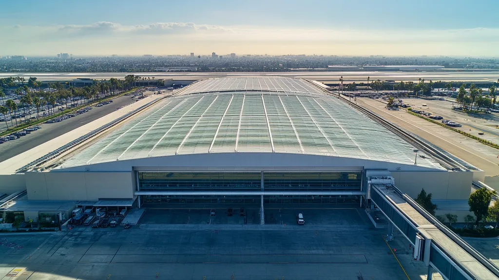 A commercial roof on an airport terminal in a location similar to Los Angeles with a color highlight aesthetic (AI image)