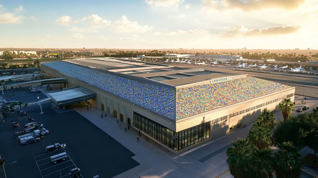 A commercial roof on an airport terminal in a location similar to Los Angeles with a mosaic tile art aesthetic (AI image)