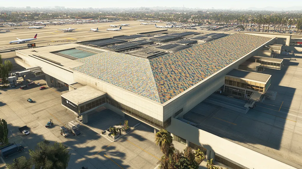 A commercial roof on an airport terminal in a location similar to Los Angeles with a mosaic tile art aesthetic (AI image)