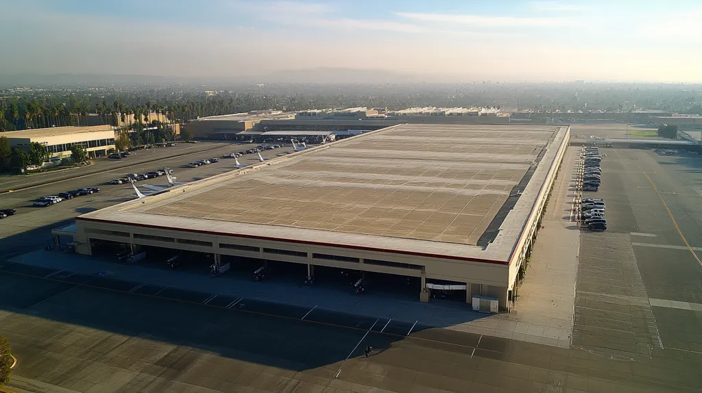 A commercial roof on an airport terminal in a location similar to Los Angeles with a rainy day aesthetic (AI image)