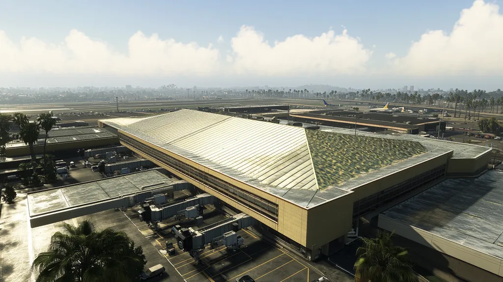 A commercial roof on an airport terminal in a location similar to Los Angeles with a rainy day aesthetic (AI image)
