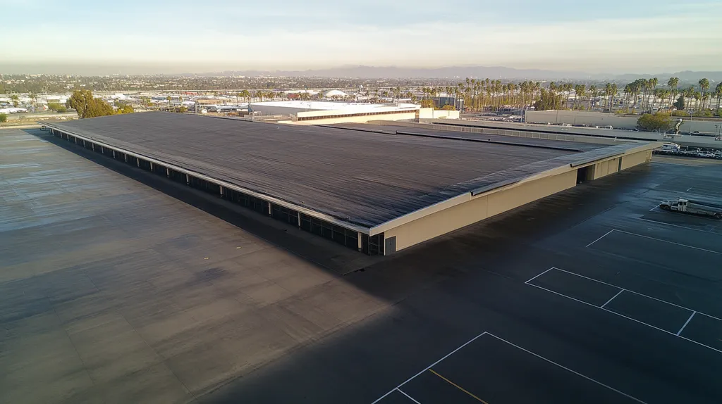 A commercial roof on an airport terminal in a location similar to Los Angeles with a rainy day aesthetic (AI image)