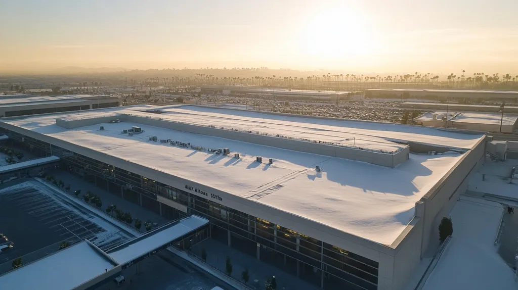 A commercial roof on an airport terminal in a location similar to Los Angeles with a snowy day aesthetic (AI image)