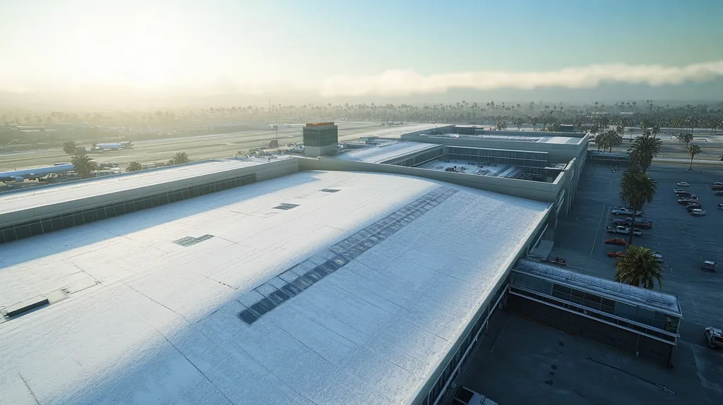 A commercial roof on an airport terminal in a location similar to Los Angeles with a snowy day aesthetic (AI image)