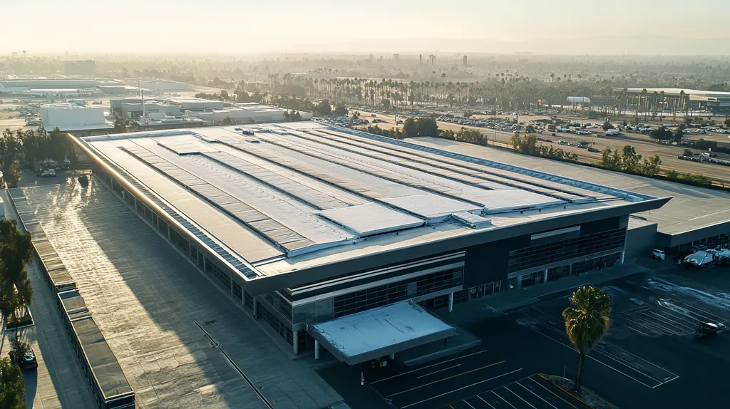 A commercial roof on an airport terminal in a location similar to Los Angeles with a snowy day aesthetic (AI image)