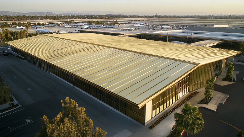 A commercial roof on an airport terminal in a location similar to Los Angeles with a solid gold aesthetic (AI image)