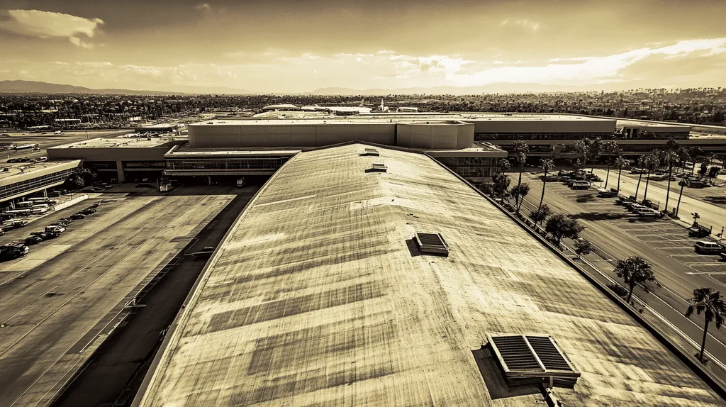 A commercial roof on an airport terminal in a location similar to Los Angeles with a tintype aesthetic (AI image)