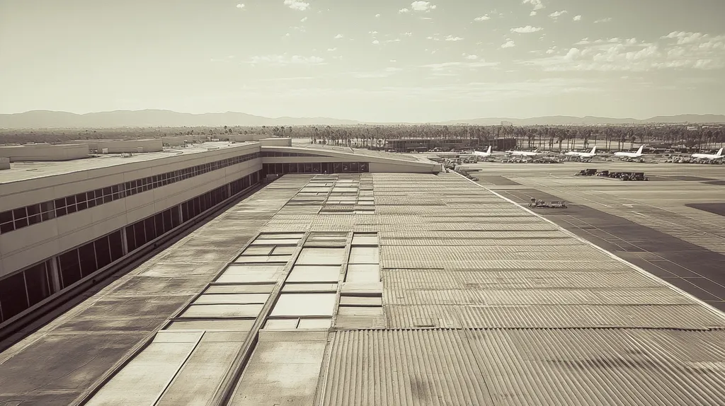 A commercial roof on an airport terminal in a location similar to Los Angeles with a tintype aesthetic (AI image)
