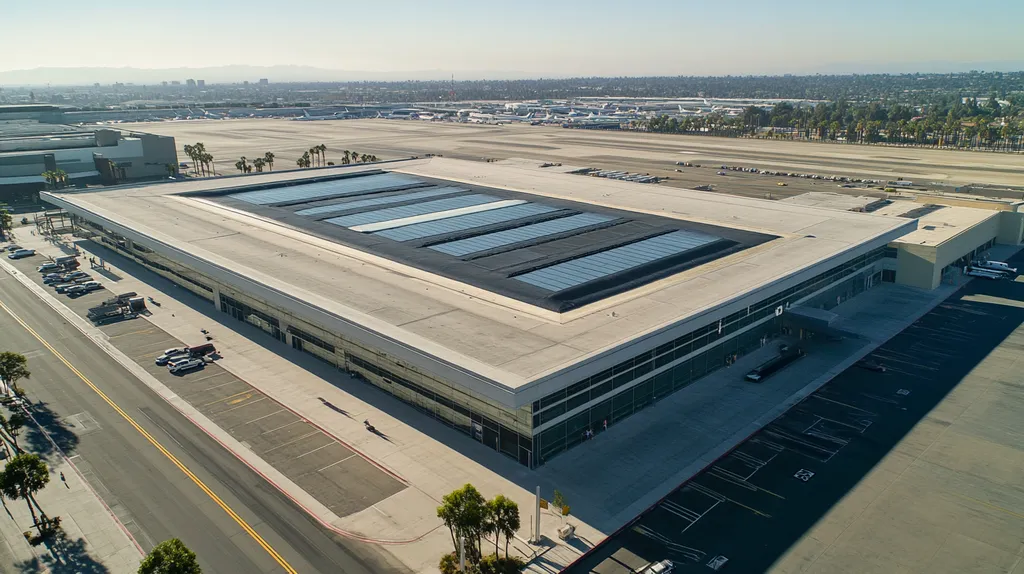 A commercial roof on an airport terminal in a location similar to Los Angeles with an urban context aesthetic (AI image)