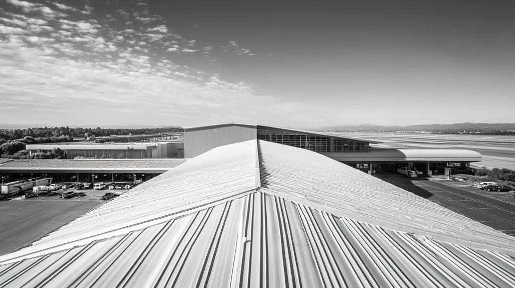 A commercial roof on an airport terminal in a location similar to Malibu with a black and white photography aesthetic (AI image)