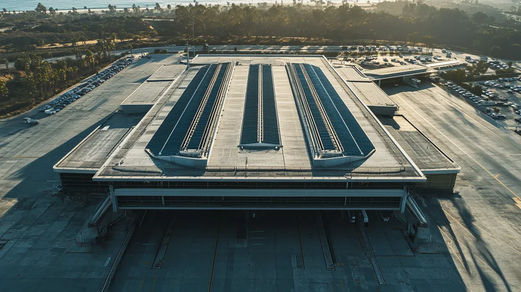 A commercial roof on an airport terminal in a location similar to Malibu with a color highlight aesthetic (AI image)