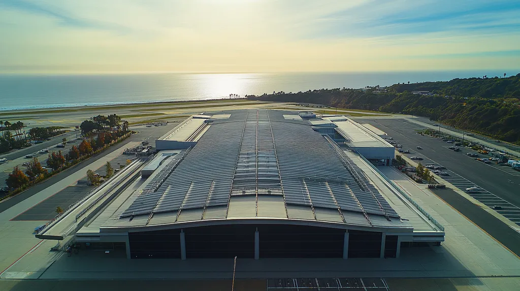 A commercial roof on an airport terminal in a location similar to Malibu with a color highlight aesthetic (AI image)